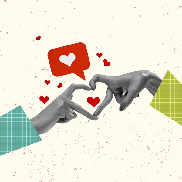 Two hands forming a heart with red love icons around. coaching, mentoring, recovery coaching, somatic psychology, loving space