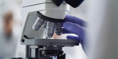 Person using a microscope with purple gloves.