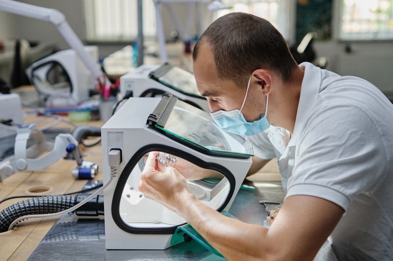 Dentist hand mills tooth crowns created on 3d printer for metal. Dental technician working with ceramic crowns in protective box at the laboratory. Metal processing