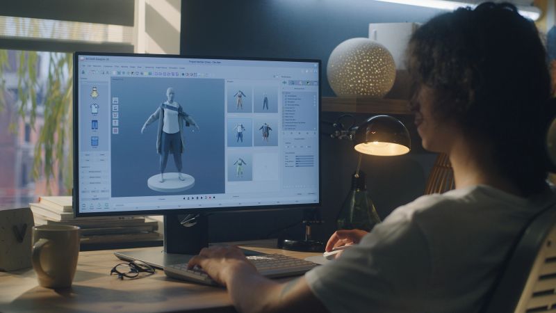 Male young 3D designer having remote work on 3D modeling and designing clothes using pc with professional software while sitting at the table at home