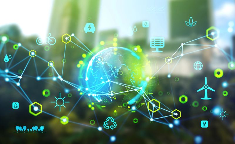 Earth sphere hologram and glowing eco hud with diverse icons and lines, blurred green city on background. Ecosystem and futuristic technology. Concept of green energy and renewable sources