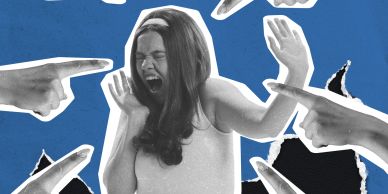 Woman overwhelmed by pointing fingers.