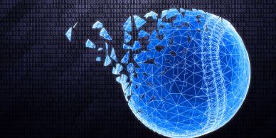 Digital tennis ball breaking apart with binary code.