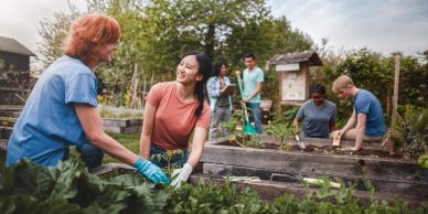 Grupo diverso trabajando juntos en un jardín comunitario.