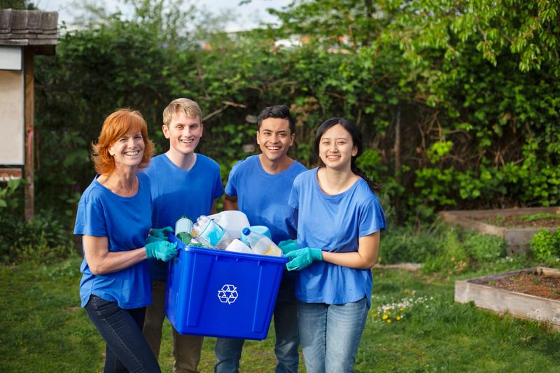 Portrait of multiracial group of young people stand with mature woman project manager leader volunteer holding recycle bin with plastic bottles within community garden park during cleanup of environment
