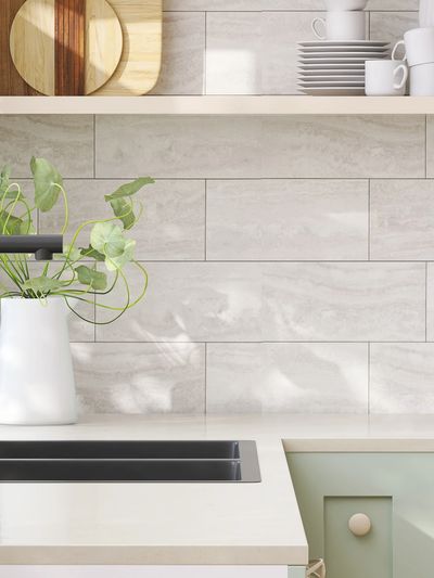 a clean kitchen sink with organized dishes on the shelves above indoor plant in white pot and tiles