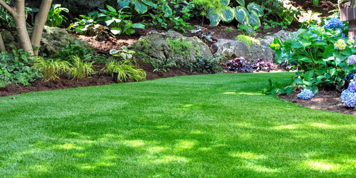 A lush green lawn bordered by rocks and vibrant plants in a garden.