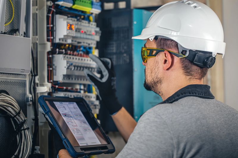 Man, an electrical technician working in a switchboard with fuses. Installation and connection of electrical equipment. Professional uses a tablet.