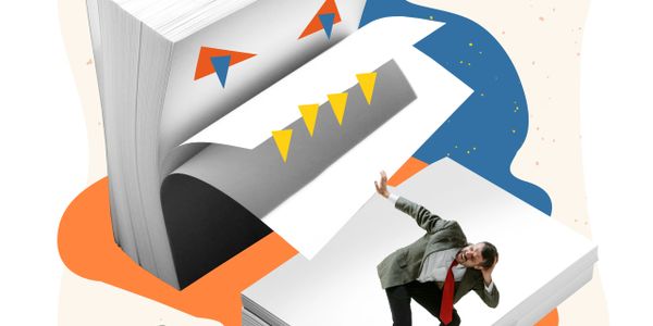 A man in a suit appears trapped inside illustrated books with abstract shapes.