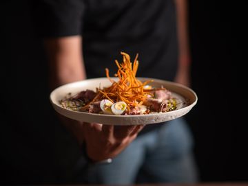 Person holding a plate with a gourmet dish topped with crispy fried garnish.