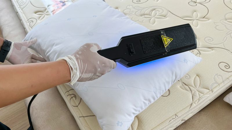 Close-up service staff is cleaning, sanitizing and banishing dust mites in a pillow and mattress with UV light in the bedroom.
