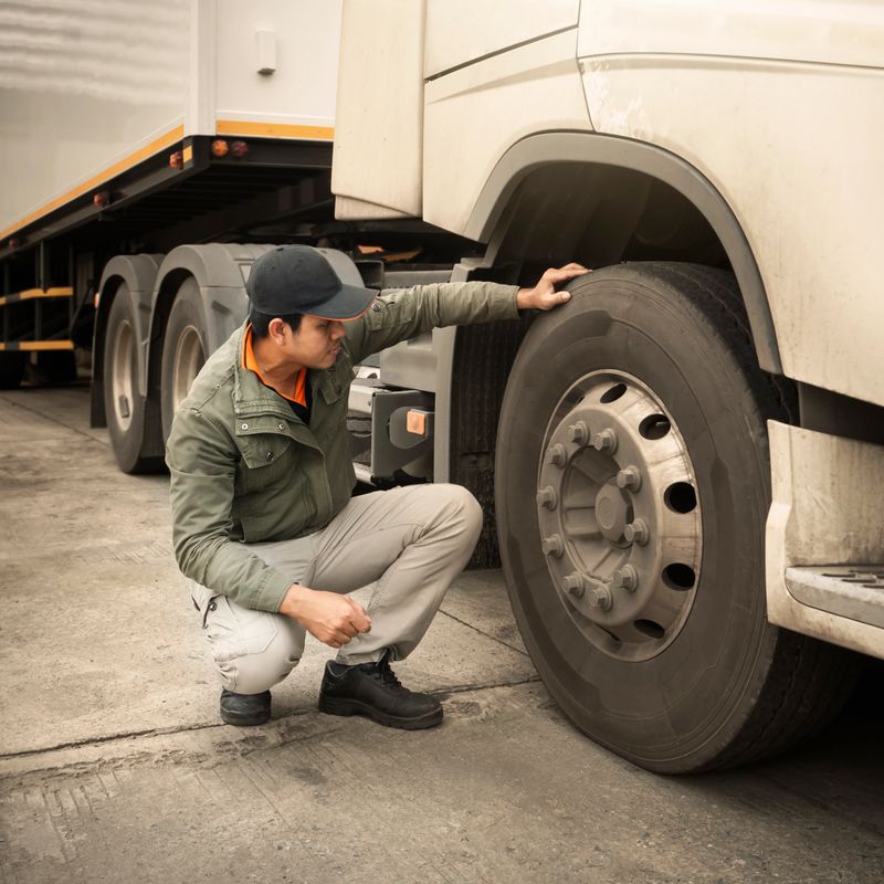 Truck Driver is Checking the Truck's Safety of Truck Wheels. Truck Inspection Safety Driving.