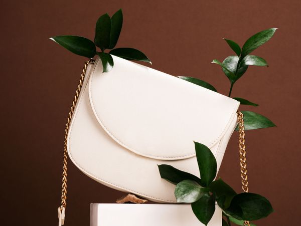 Elegant cream handbag with gold chain, adorned with green leaves against a brown background.