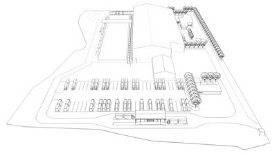 3D architectural model of a large industrial facility with parking and loading areas.