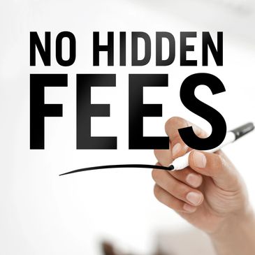 No hidden fees sign highlighting flat-rate pricing for mobile notary and fingerprinting services.