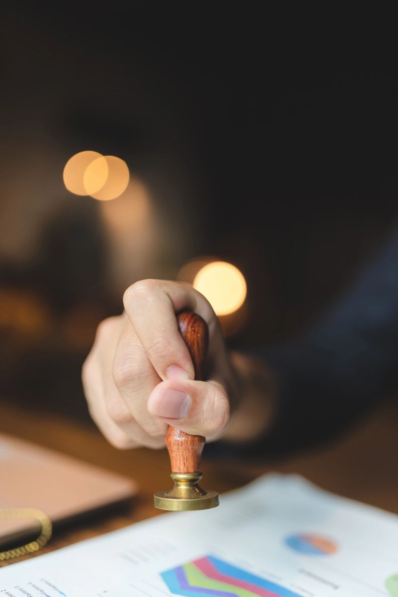 Close-up of a person's hand stamping with approved stamp on certificate document public paper at desk, notary or business people work from home, isolated for coronavirus COVID-19 protection