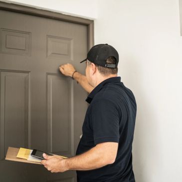 Delivery person knocking on door with package.