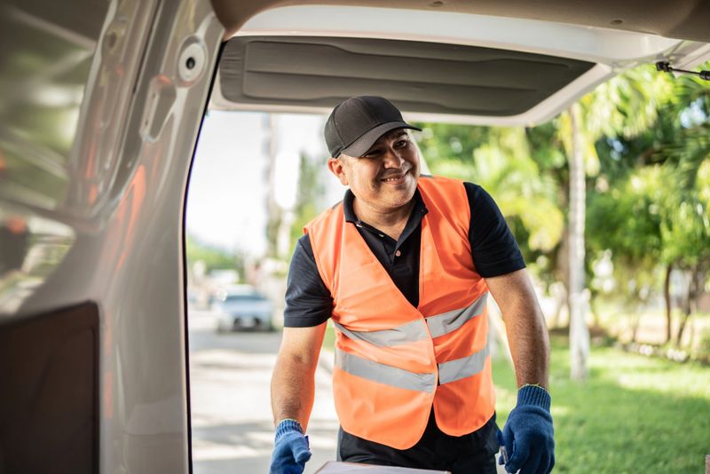 Mid adult man ordering cardboard boxes on van truck