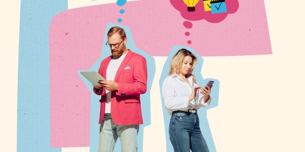 Man and woman using mobile devices, thinking differently.