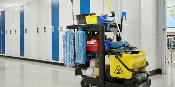 Cleaning trolley with full cleaning supplies