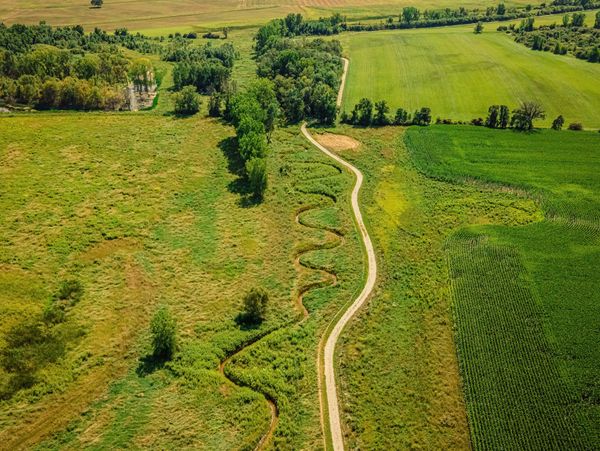 A winding dirt road and meandering stream through green fields and trees.
