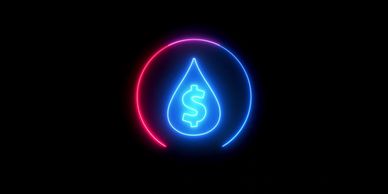 Neon blue water drop with dollar sign, encircled by red and blue glowing arc.