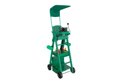 Green umpire chair with canopy, microphone, and beverage holders on wheels.