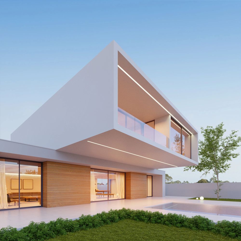 Modern two-story house with cantilevered upper floor and outdoor pool.