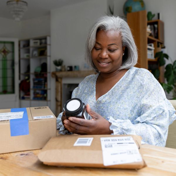 Woman happily examining a jar from an online order.