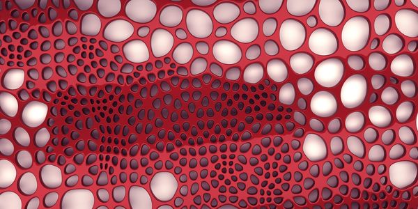 Abstract red and white organic pattern with rounded shapes.