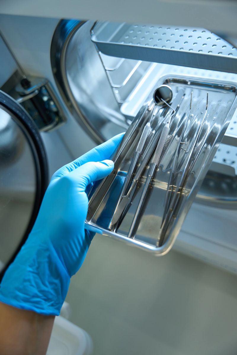 Close-up of hand in medical gloves with iron container with dental instruments near apparatus for sterilization