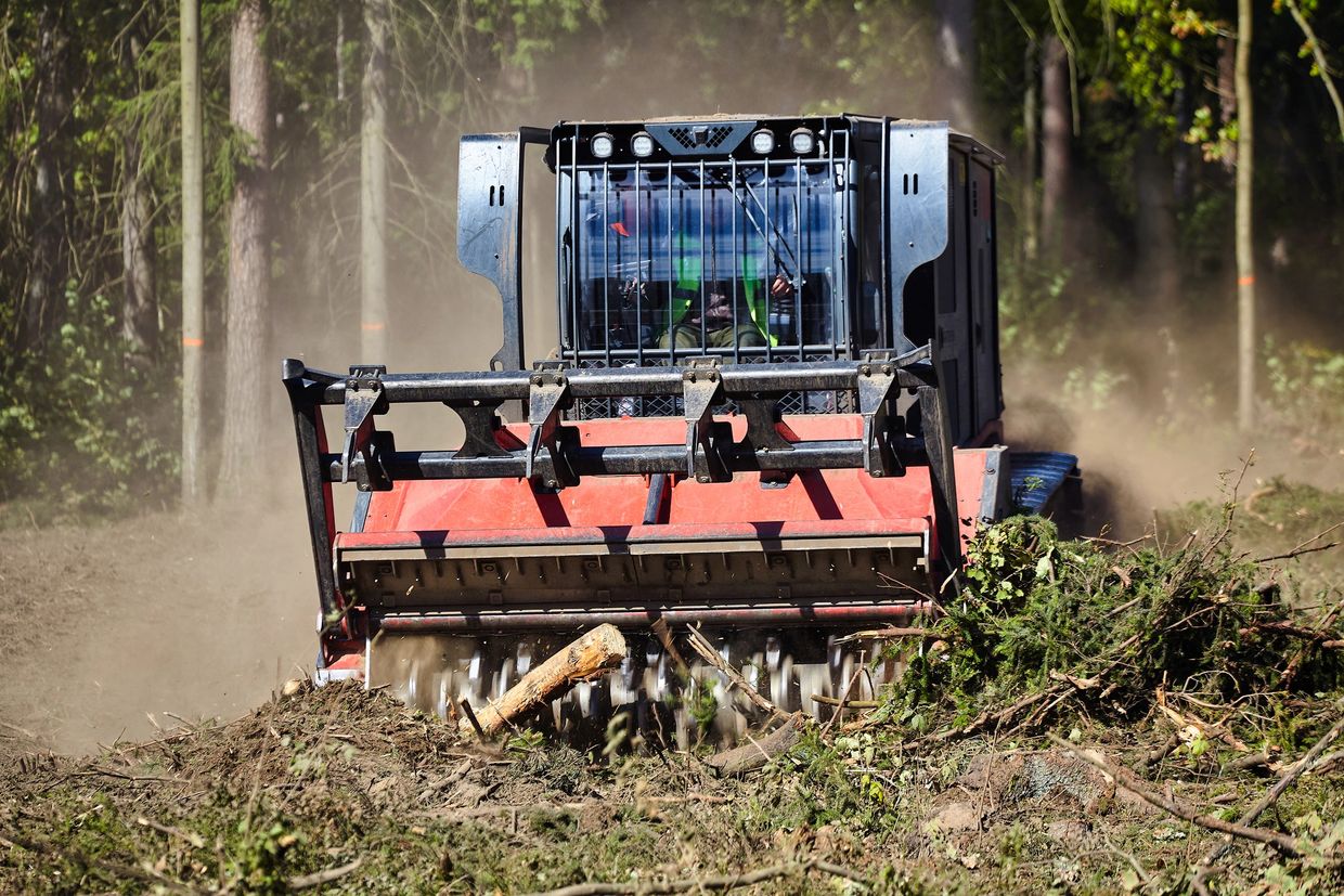 A tractor clearing a forest area with heavy machinery.