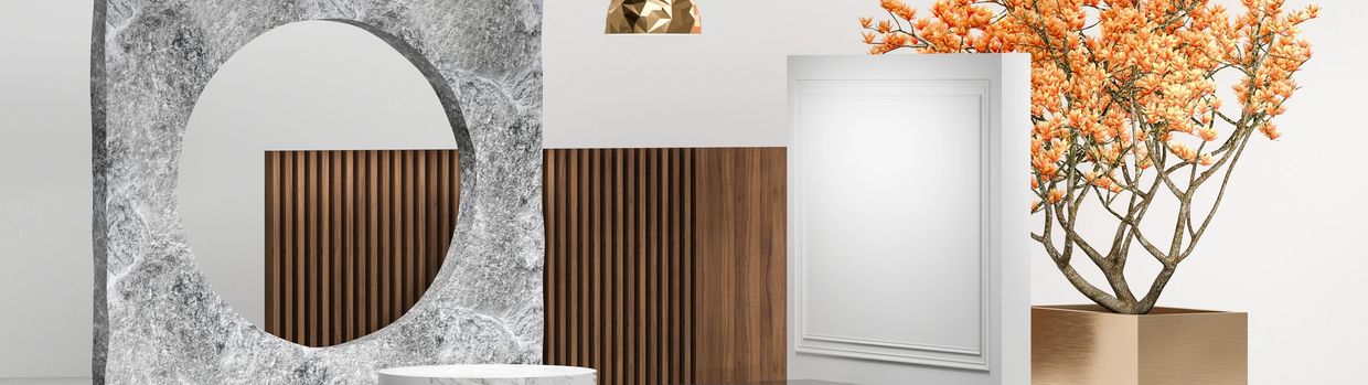 Modern decorative stone mirror with a wooden backdrop and a flowering plant.