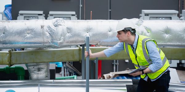 Engineer inspecting industrial equipment outdoors, wearing safety gear.