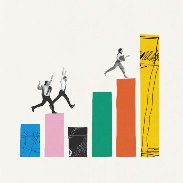 People jumping on ascending colorful bar graph columns.