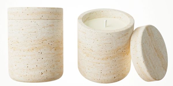 Two beige stone candles, one with lid on and one open.