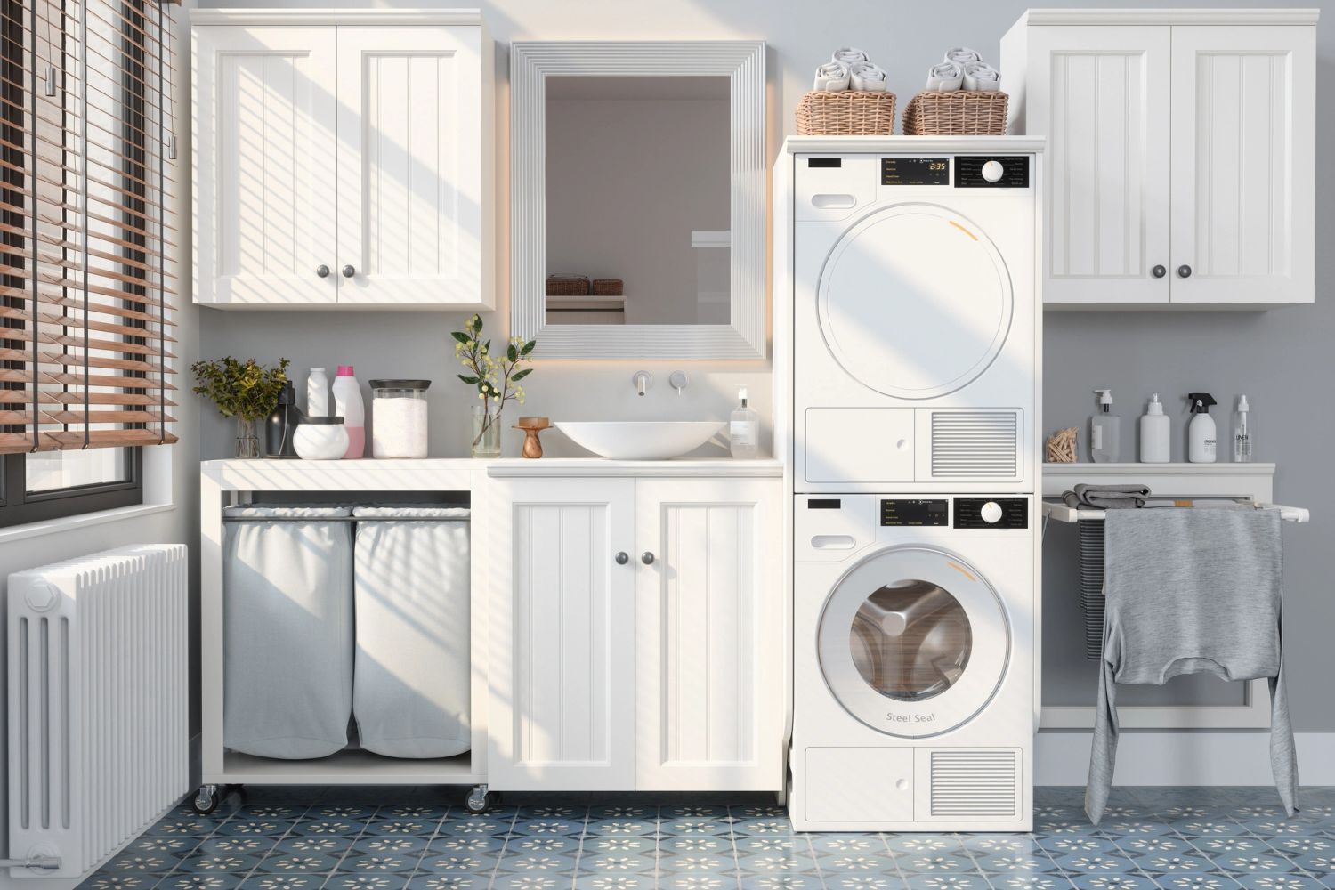 Bright and organized modern laundry room with stacked washer and dryer.