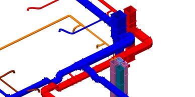 3D model of intersecting red and blue pipes with smaller orange and blue connections.