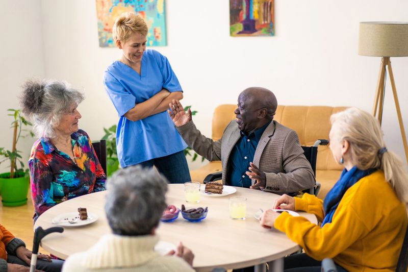 Retired residents sitting around a table with refreshments and cake, smiling and talking with a medical orderly in a light and airy aged care home