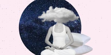 Person meditating with a cloud as a head against a starry sky backdrop.