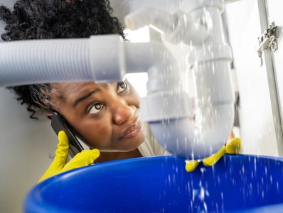 Woman in yellow gloves inspecting leaking pipe while talking on phone.