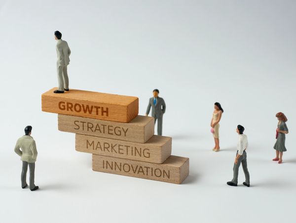 Miniature figures around wooden blocks labeled with growth concepts.