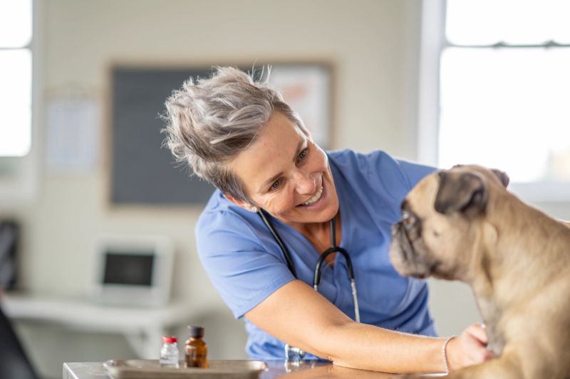 A female Veterinarian leans in to comfort and engage a small dog before his exam.  She is wearing blue scrubs and is petting the Pug as she smiles and talks to him.