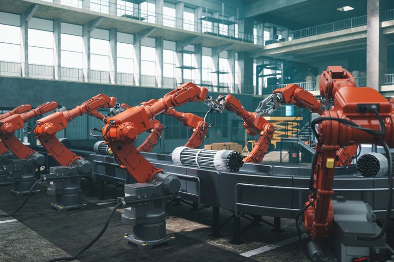 Industrial robots at the automated manufacturing factory assembly line.