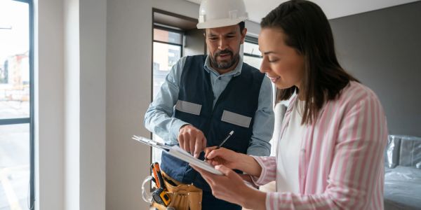 Construction worker and client reviewing documents