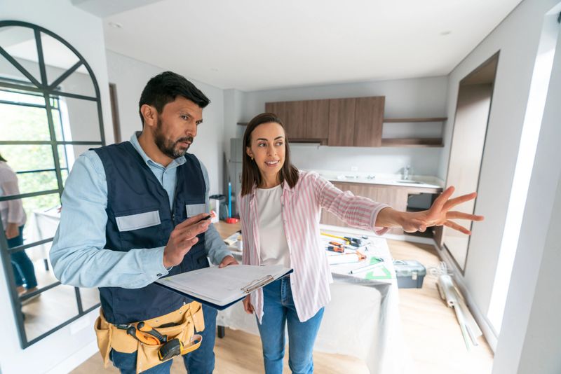 Latin American woman remodeling her house and explaining her needs to the contractor - home addition concepts