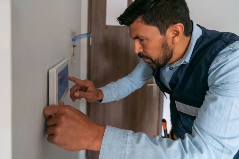 Technician installing an alarm system in a smart home - home automation concepts
