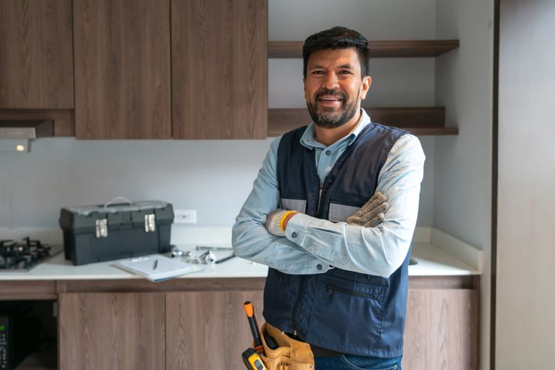 Portrait of a happy plumber working at a house and looking at the camera smiling