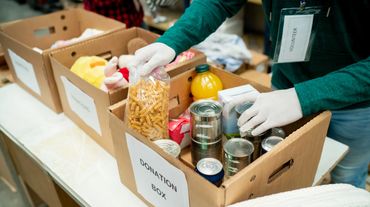 Volunteer sorting food and toys into labeled donation boxes.