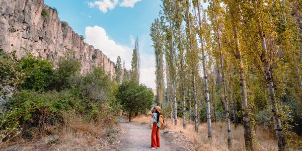 A woman in red pants explores a scenic forest path with tall trees and rocky cliffs at Green Tour.